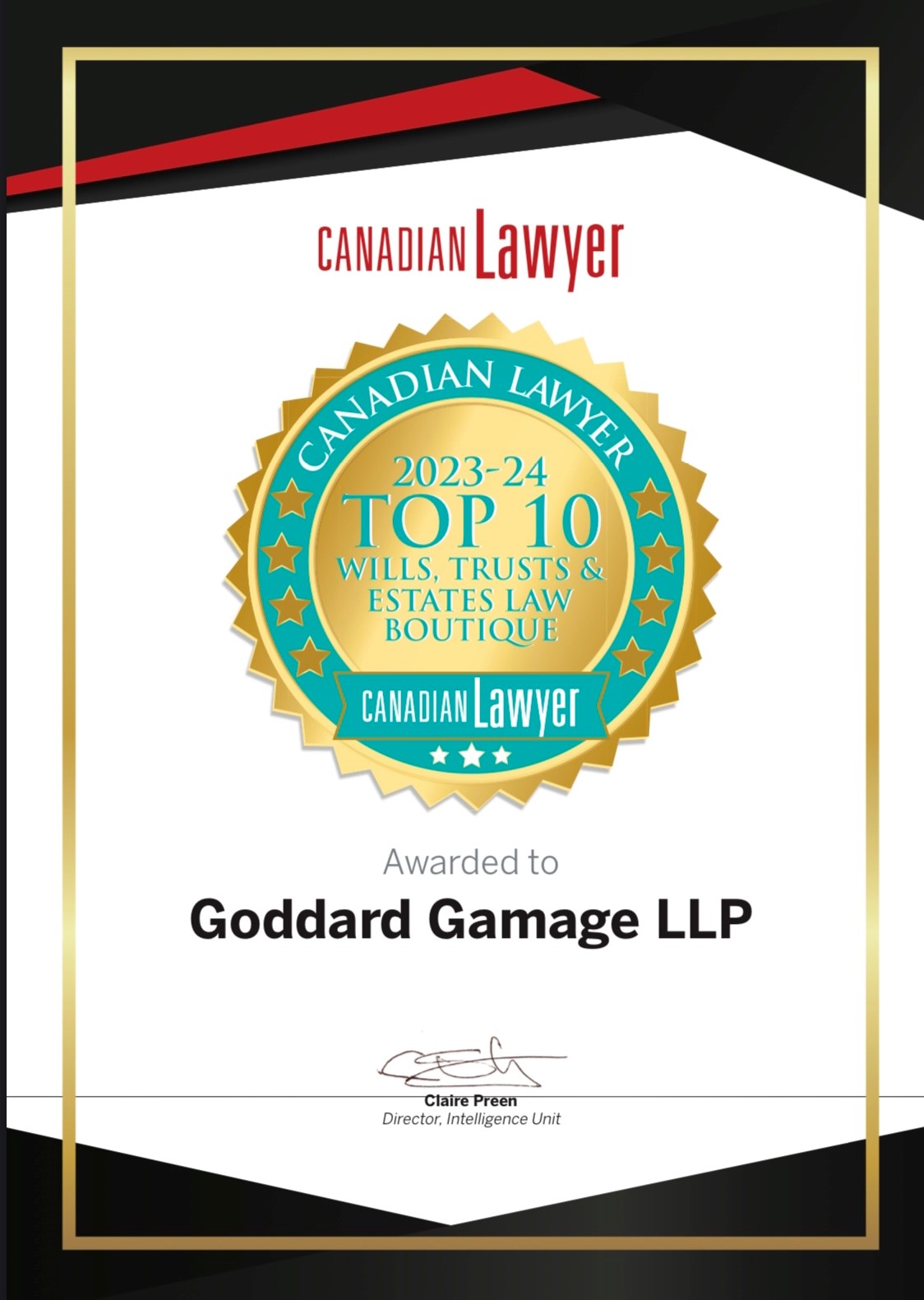 Goddard Gamage honoured as one of the top 10 boutique Estates and ...